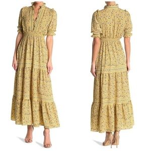 Max Studio Boho Floral Print Flowy Ruffle Collar Tiered Yellow Maxi Dress